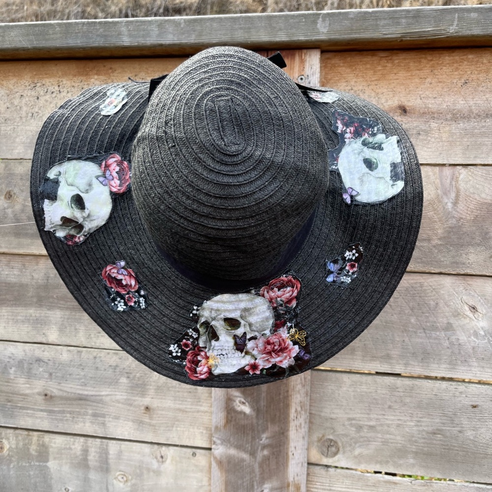 Black Wide-Brim Hat with Skull and Floral Design
